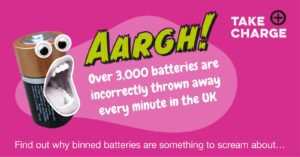 A battery character shouting statistics about battery recycling