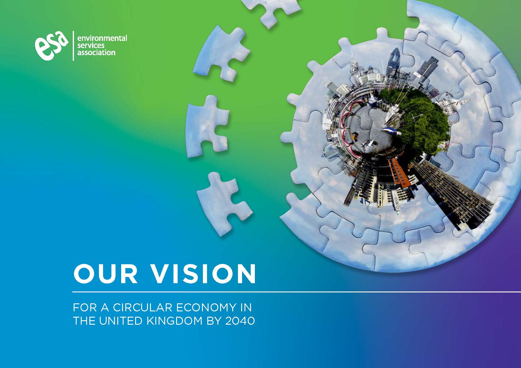 A front cover for the ESA's Vision 2040 report showing a puzzle with an image of London